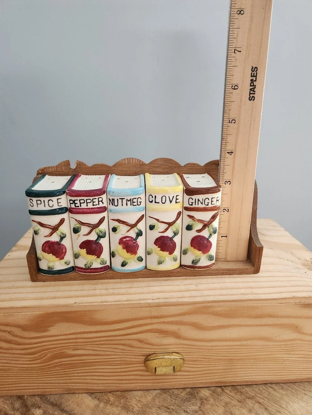 Vintage Ceramic Book Shaped Spice Jar Set with Wooden Rack - Incomplete Set